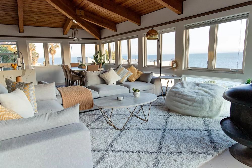 Living room with an ocean view at our former Malibu home